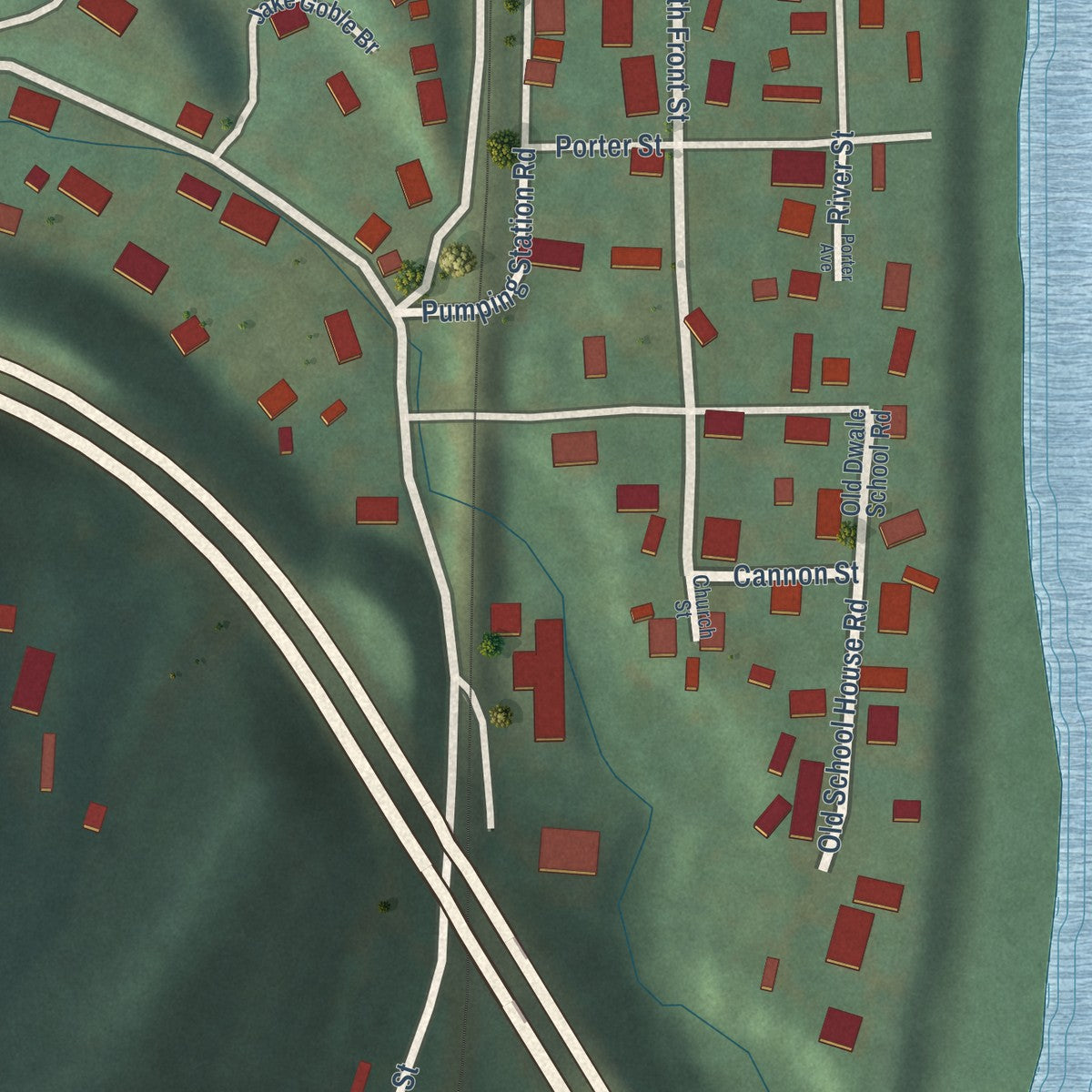 Close-up of the map of Dwale, Kentucky print showing street and building detail
