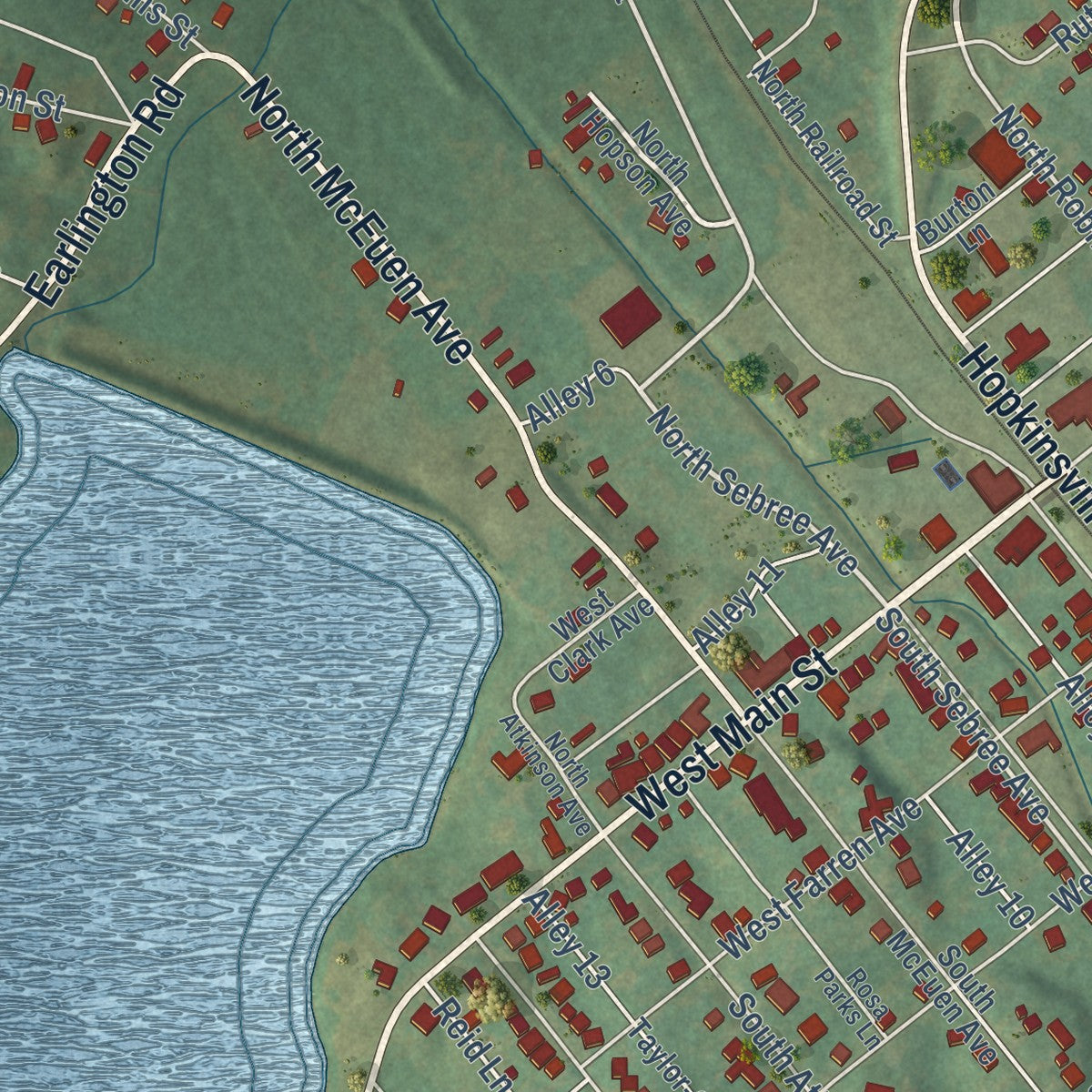 Close-up of the map of Earlington, Kentucky print showing street and building detail