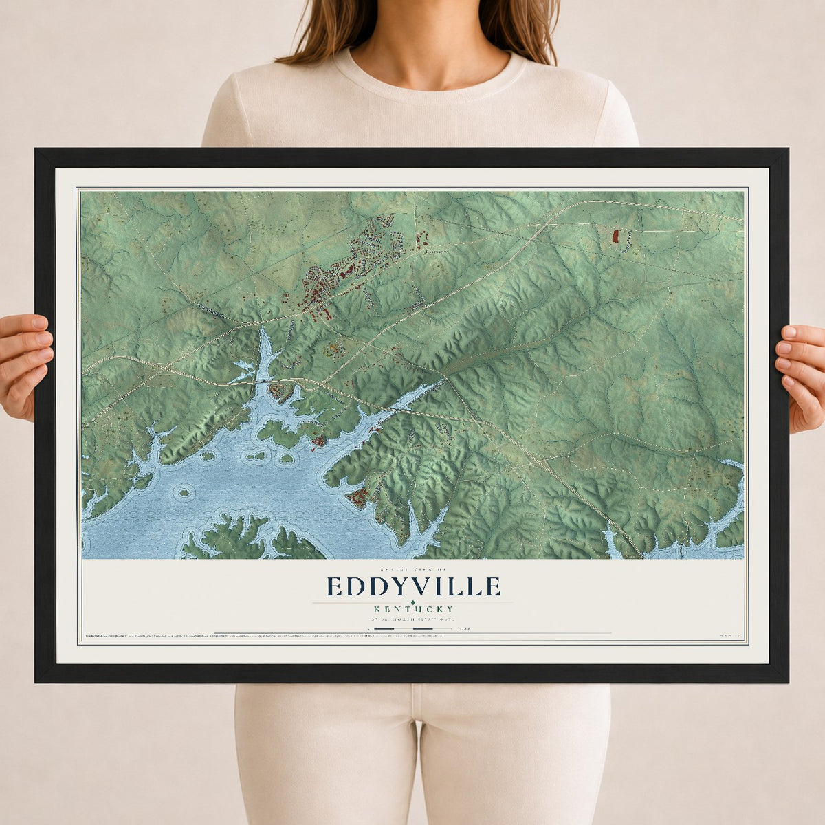 Map of Eddyville, Kentucky, 18 x 24 inch print in a black wood frame