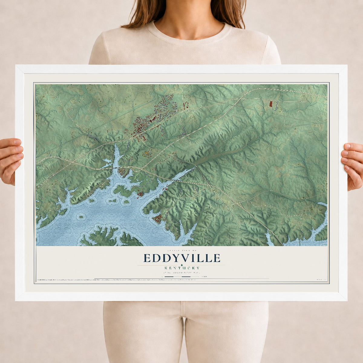 Map of Eddyville, Kentucky, 18 x 24 inch print in a white wood frame