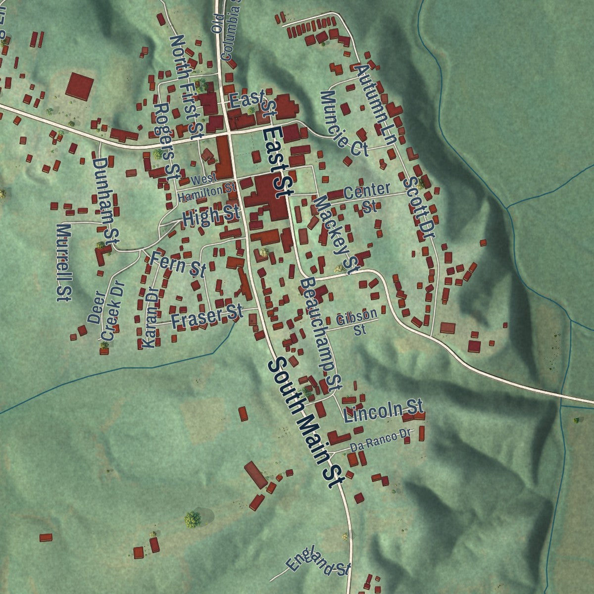 Close-up of the map of Edmonton, Kentucky print showing street and building detail
