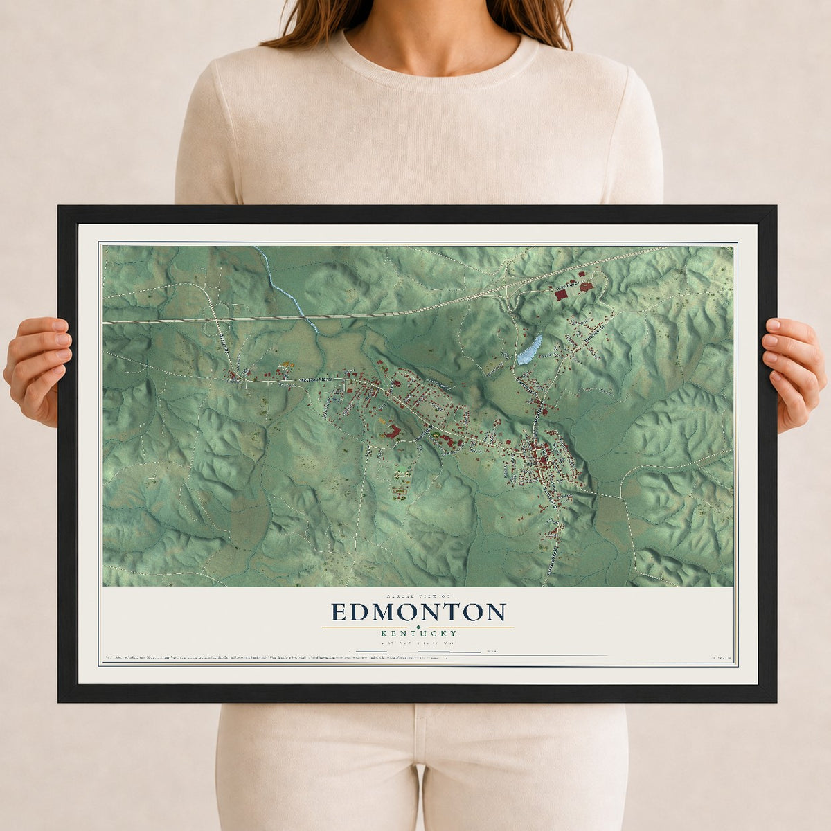 Map of Edmonton, Kentucky, 12 x 18 inch print in a black wood frame