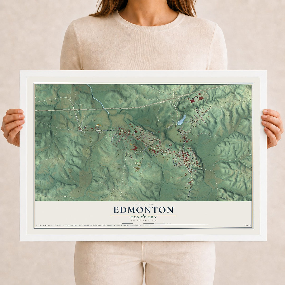 Map of Edmonton, Kentucky, 12 x 18 inch print in a white wood frame