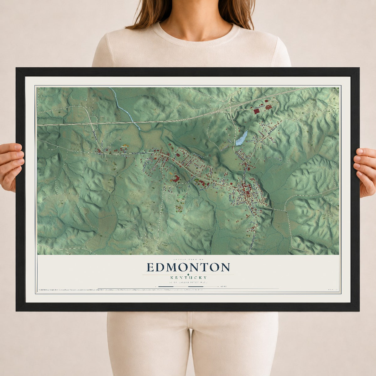 Map of Edmonton, Kentucky, 18 x 24 inch print in a black wood frame