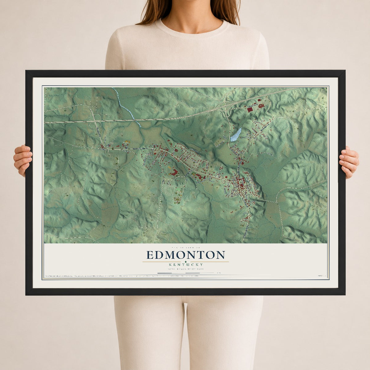 Map of Edmonton, Kentucky, 24 x 36 inch print in a black wood frame