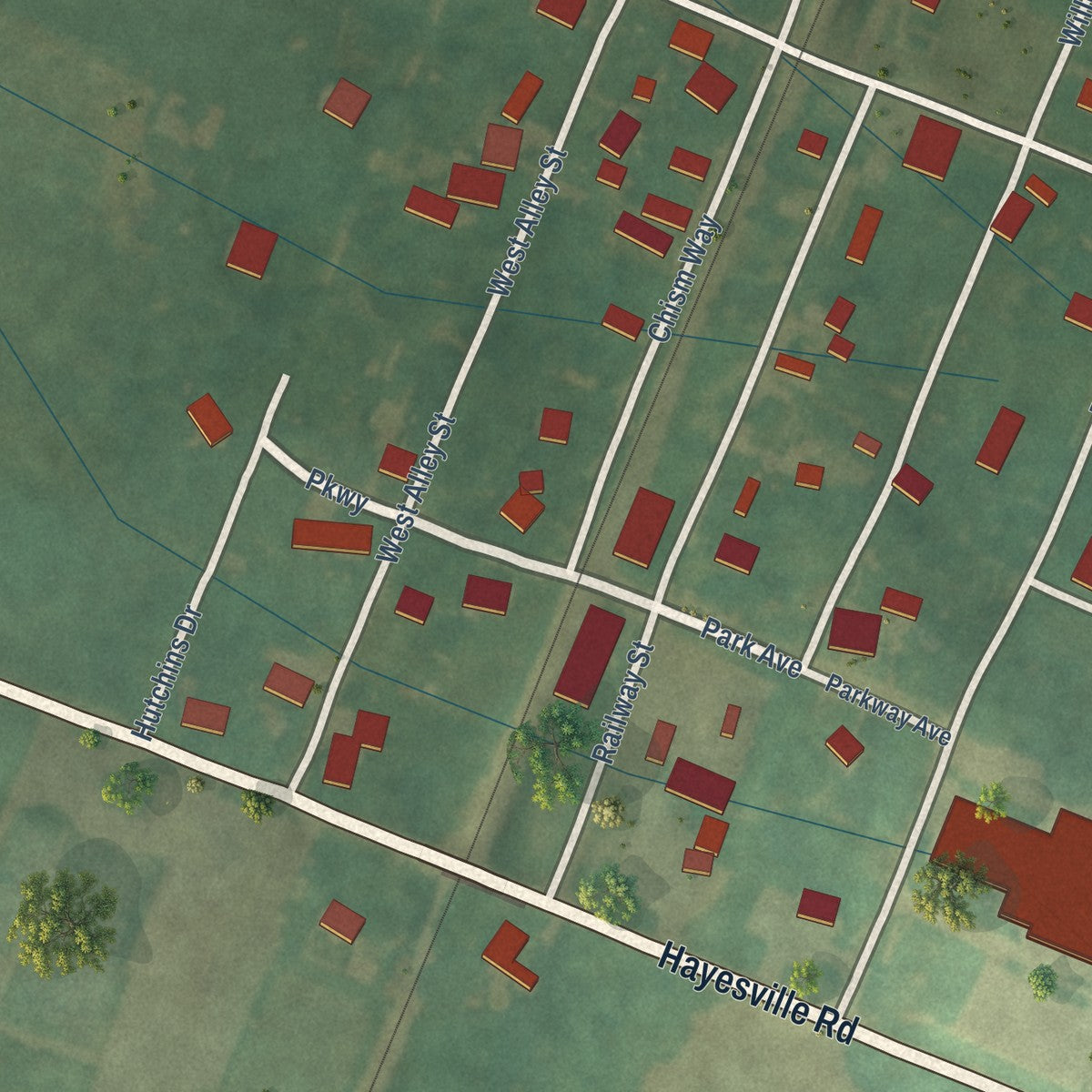 Close-up of the map of Ekron, Kentucky print showing street and building detail