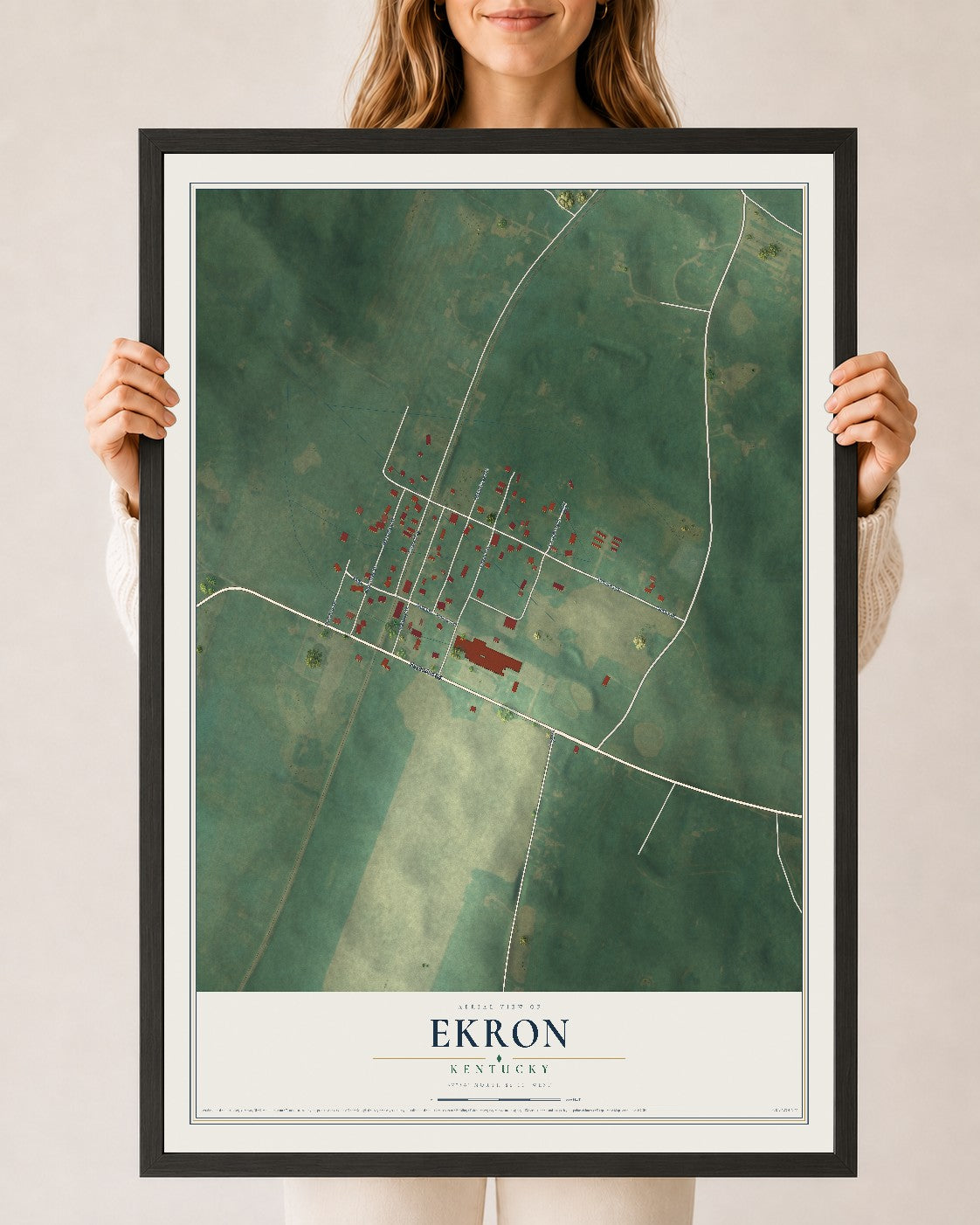 Map of Ekron, Kentucky, 24 x 36 inch print in a black wood frame