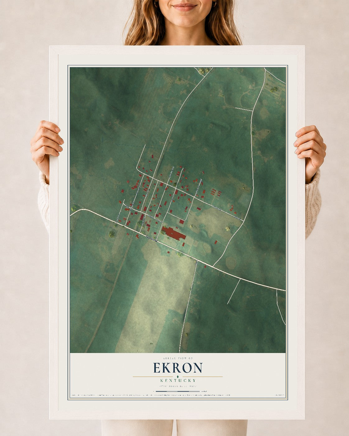 Map of Ekron, Kentucky, 24 x 36 inch print in a white wood frame