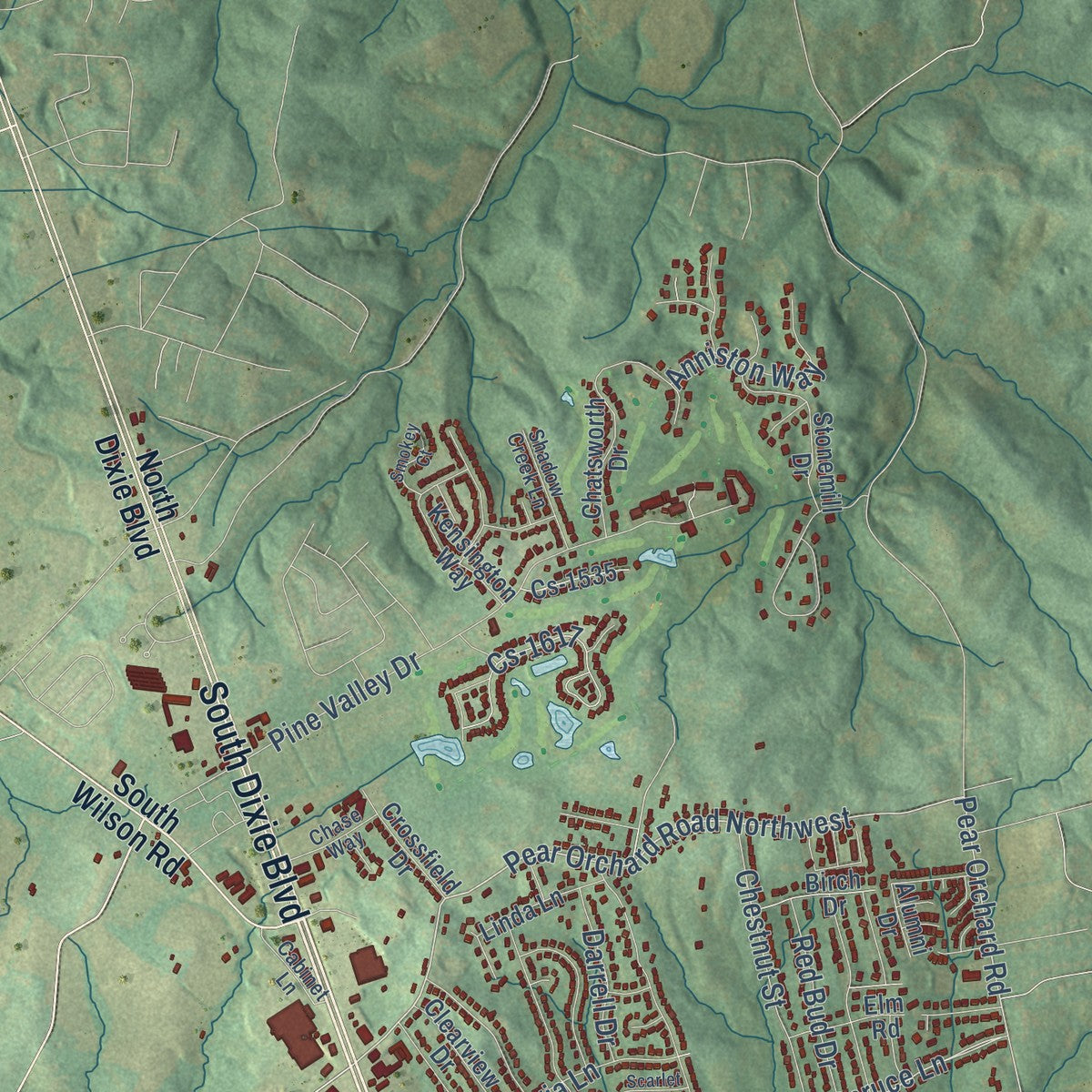 Second close-up of the map of Elizabethtown, Kentucky print showing more streets and buildings