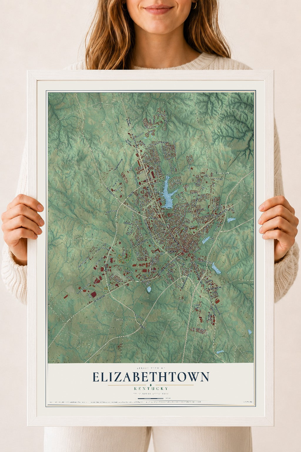 Map of Elizabethtown, Kentucky, 18 x 24 inch print in a white wood frame