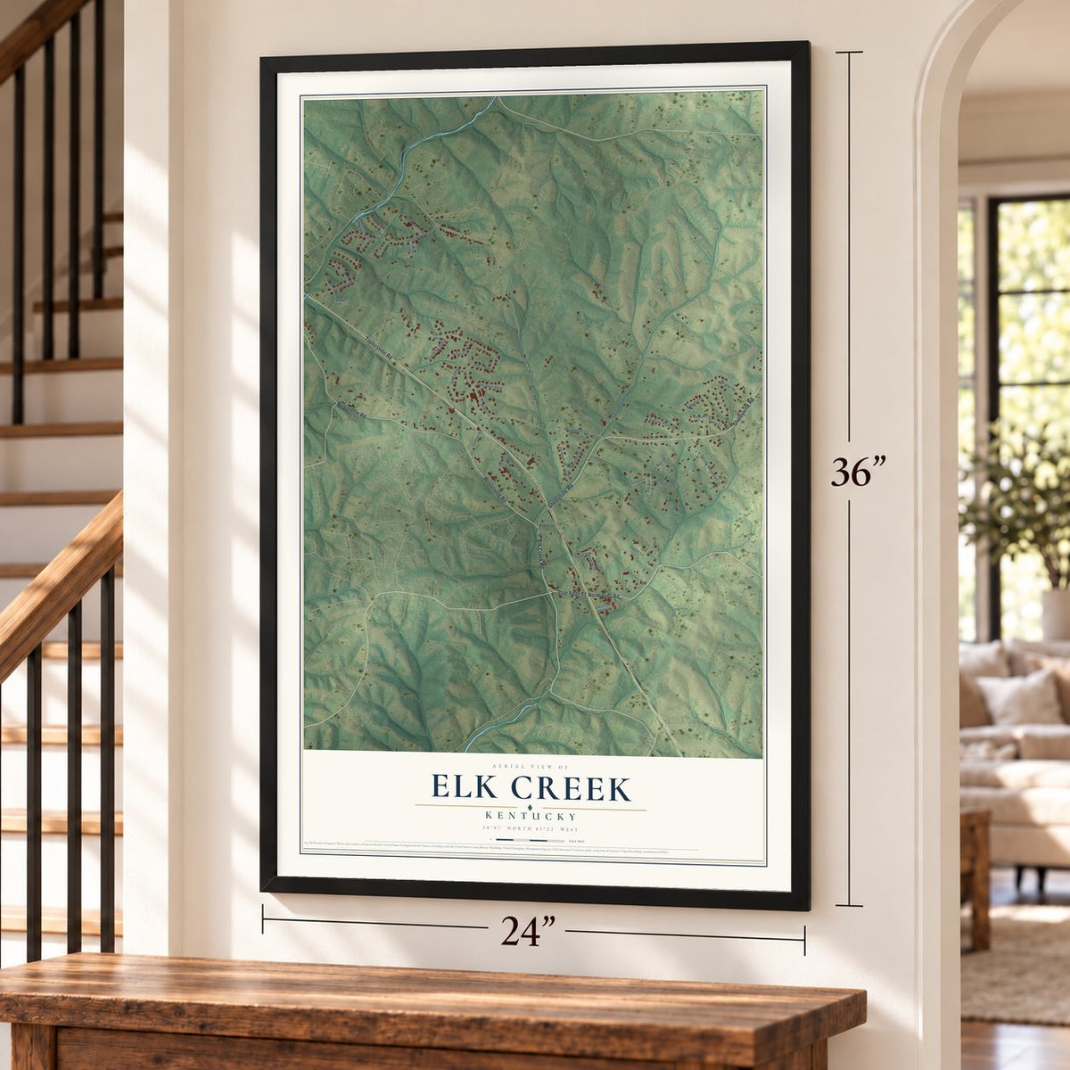 Elk Creek, Kentucky map, 24 x 36 inch print in a black frame by a staircase