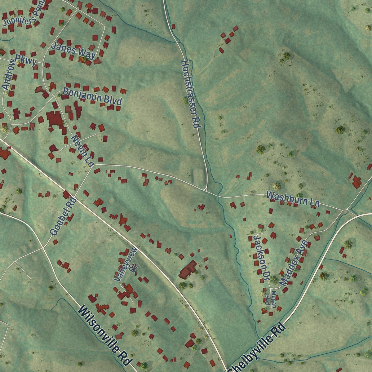 Close-up of the map of Elk Creek, Kentucky print showing street and building detail