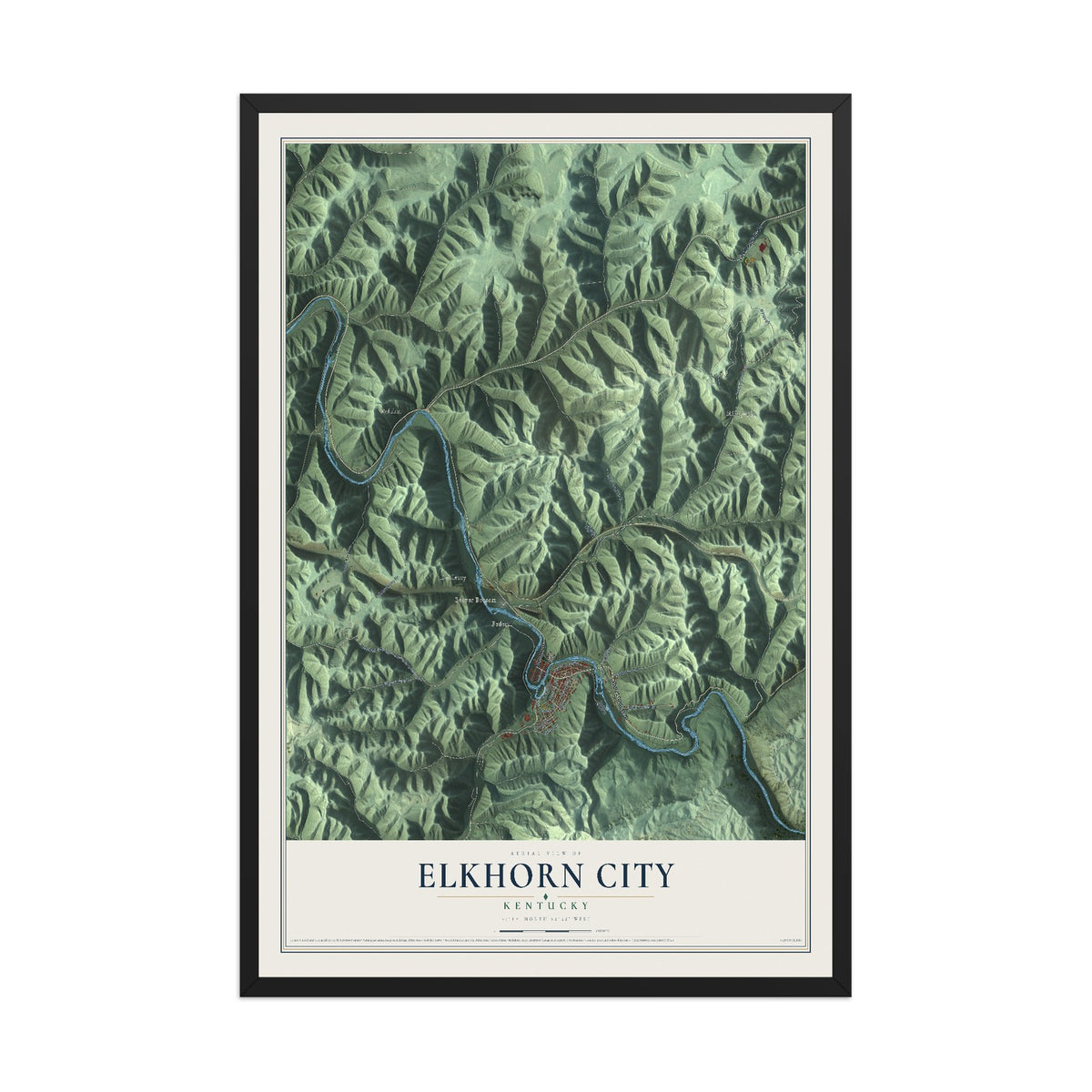 Map of Elkhorn City, Kentucky, 12 x 18 inch print in a black wood frame