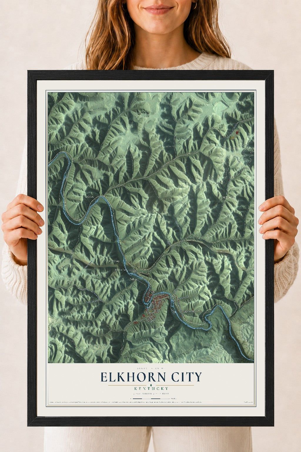 Map of Elkhorn City, Kentucky, 18 x 24 inch print in a black wood frame