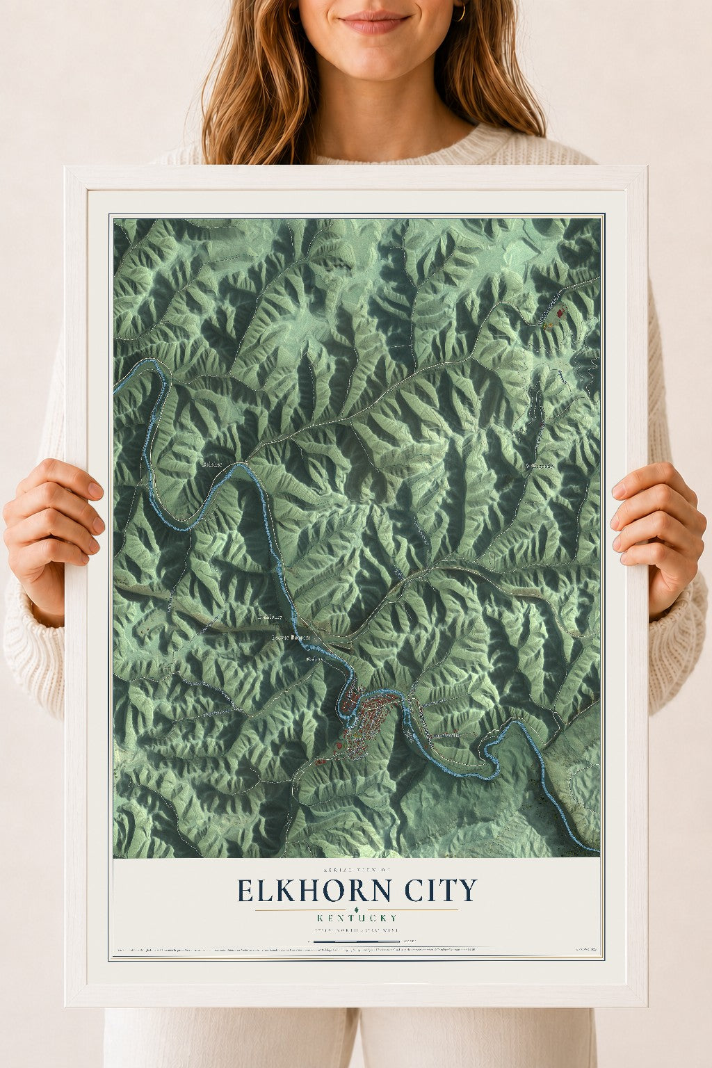 Map of Elkhorn City, Kentucky, 18 x 24 inch print in a white wood frame