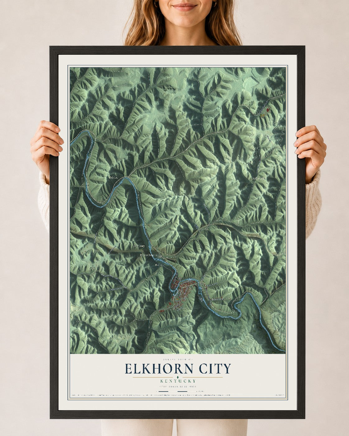 Map of Elkhorn City, Kentucky, 24 x 36 inch print in a black wood frame