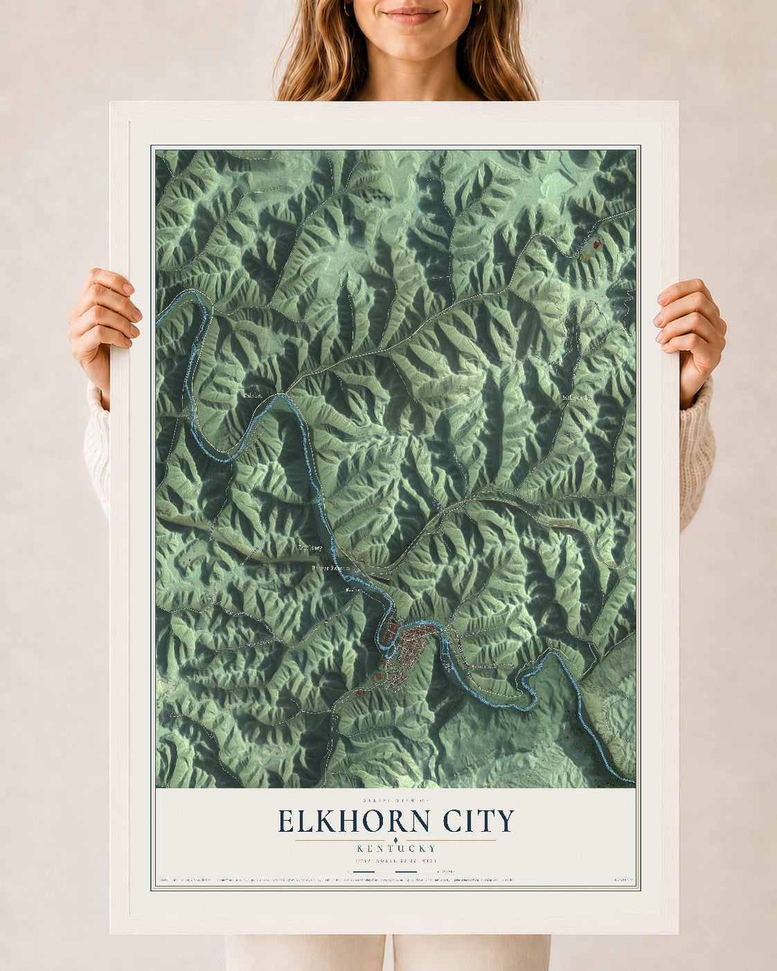 Map of Elkhorn City, Kentucky, 24 x 36 inch print in a white wood frame