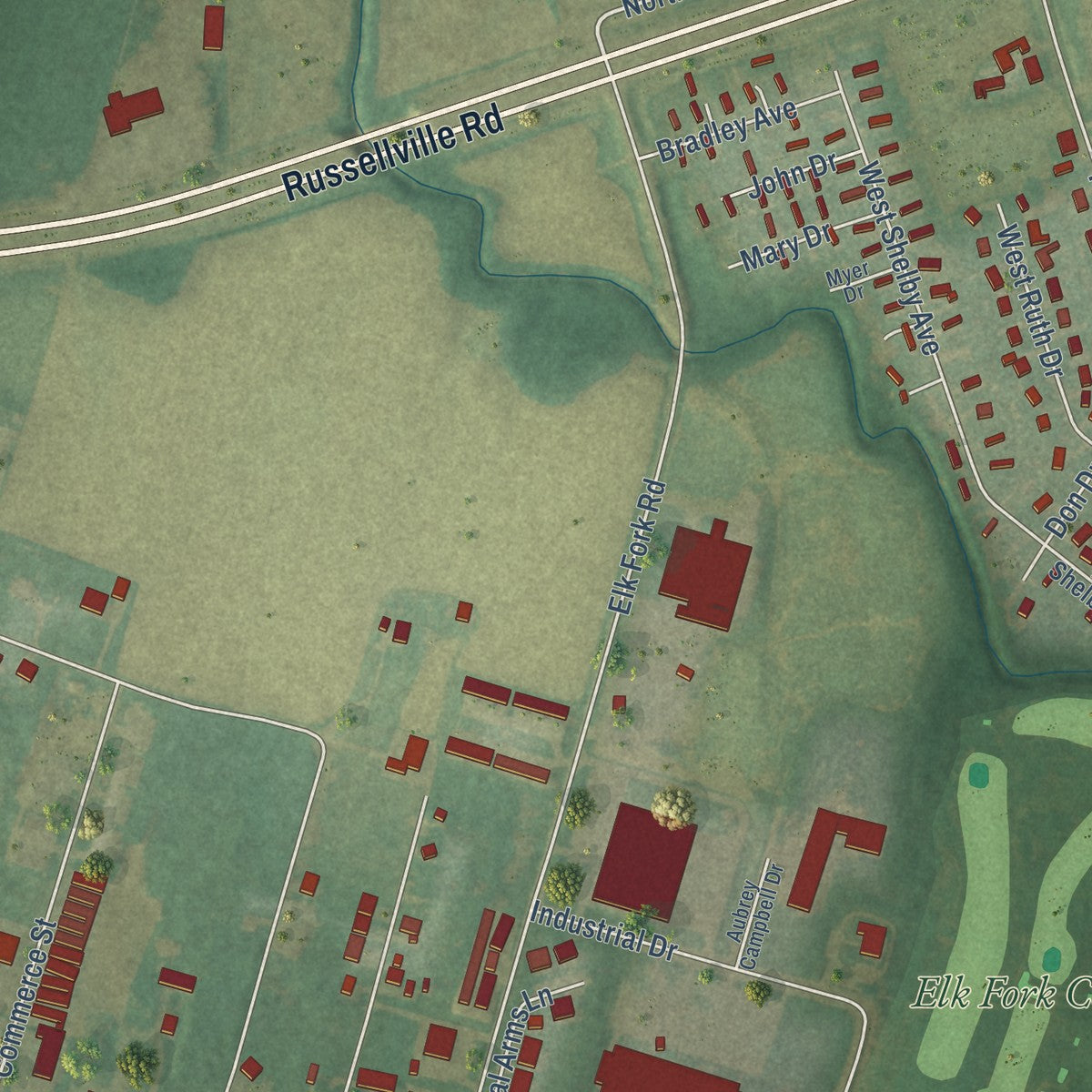 Second close-up of the map of Elkton, Kentucky print showing more streets and buildings