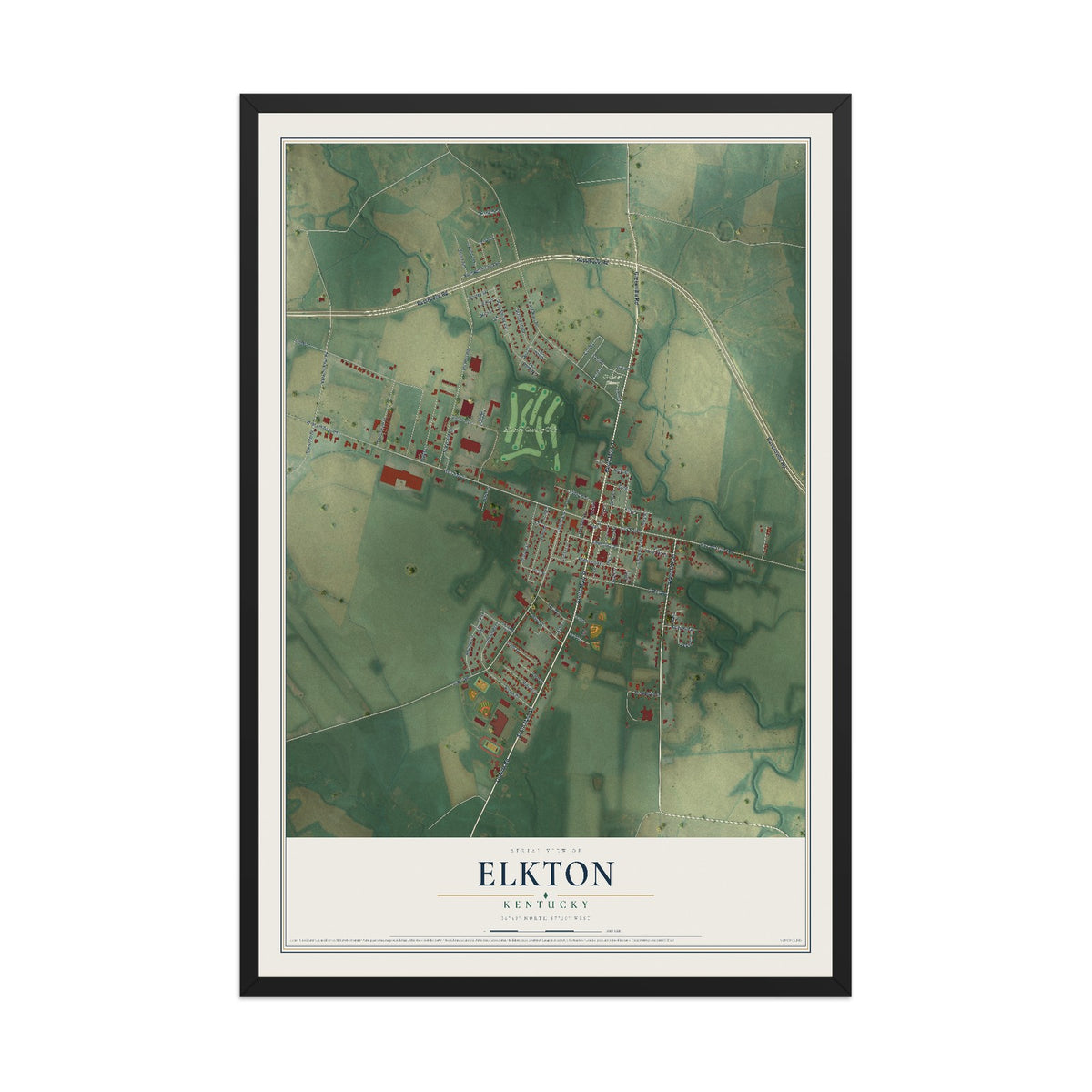 Map of Elkton, Kentucky, 12 x 18 inch print in a black wood frame