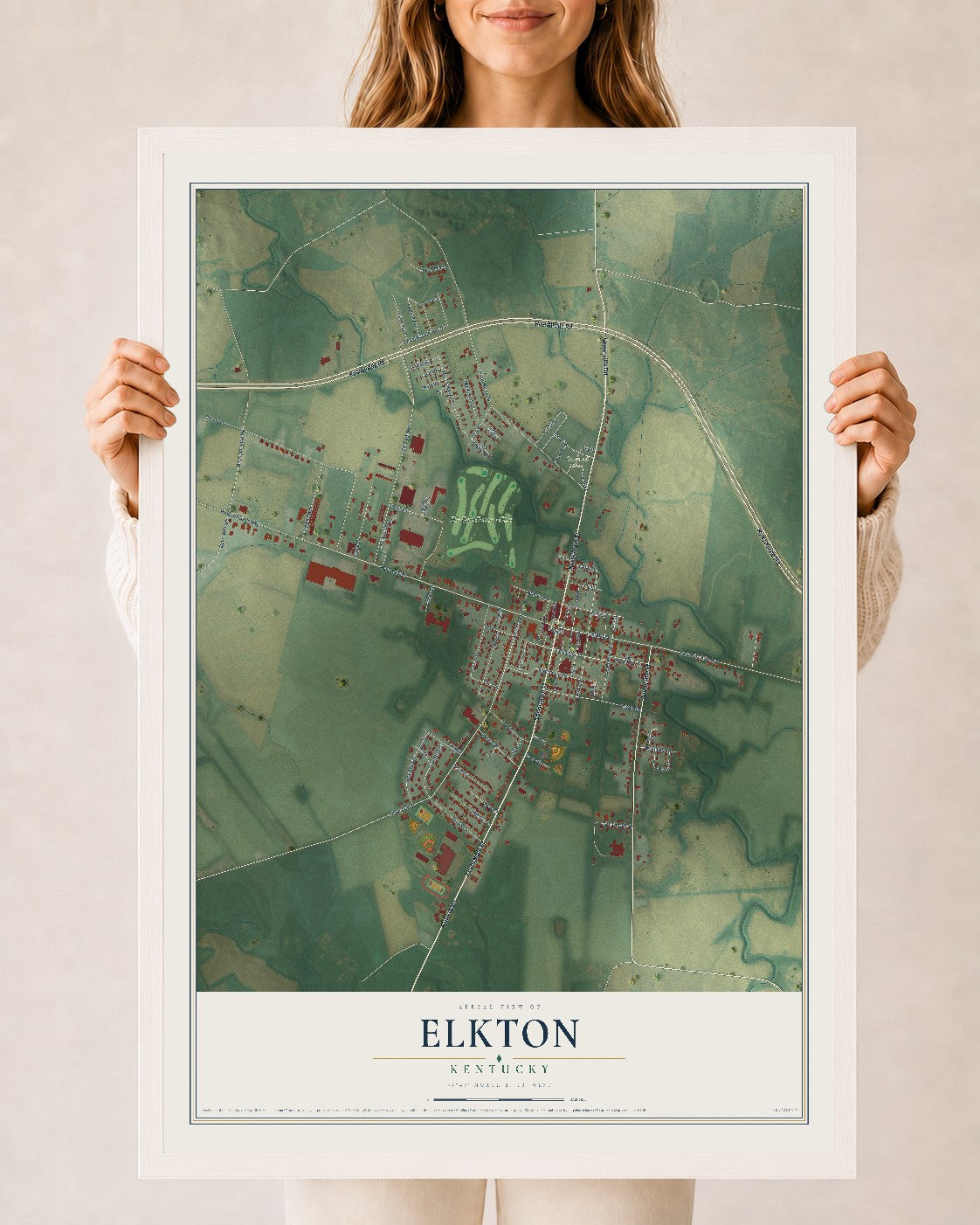 Map of Elkton, Kentucky, 24 x 36 inch print in a white wood frame