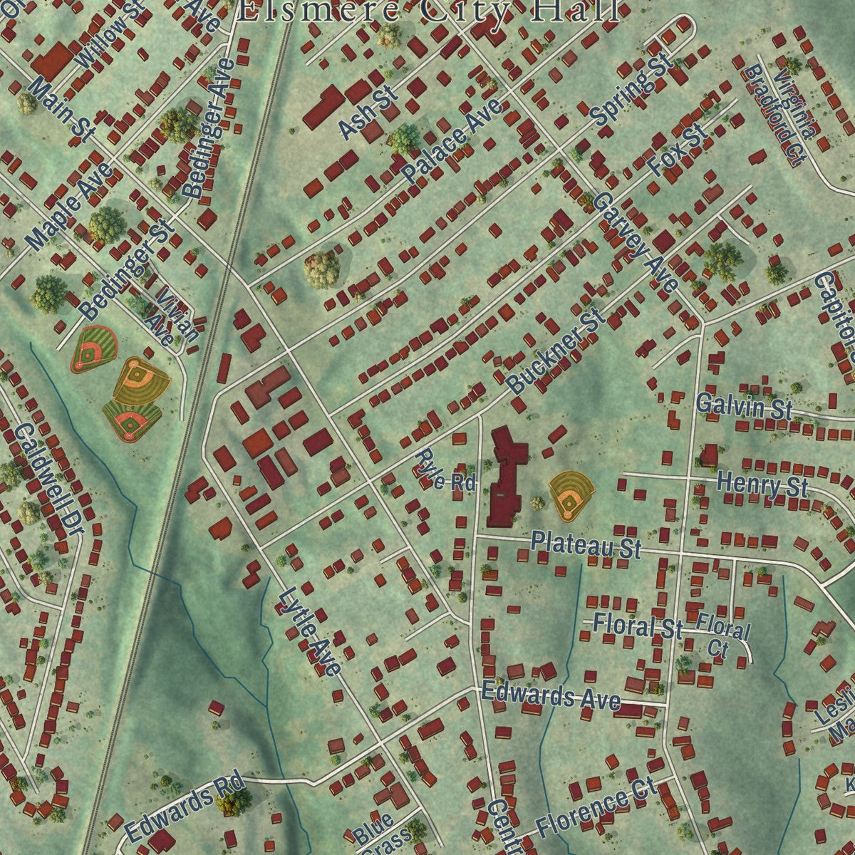 Close-up of the map of Elsmere, Kentucky print showing street and building detail