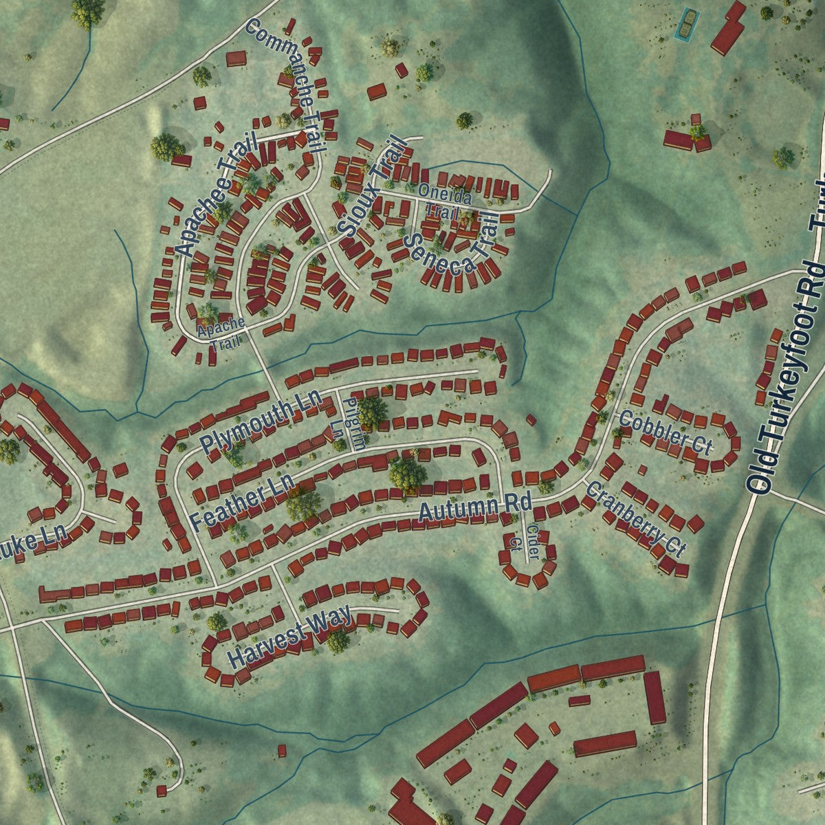Second close-up of the map of Elsmere, Kentucky print showing more streets and buildings