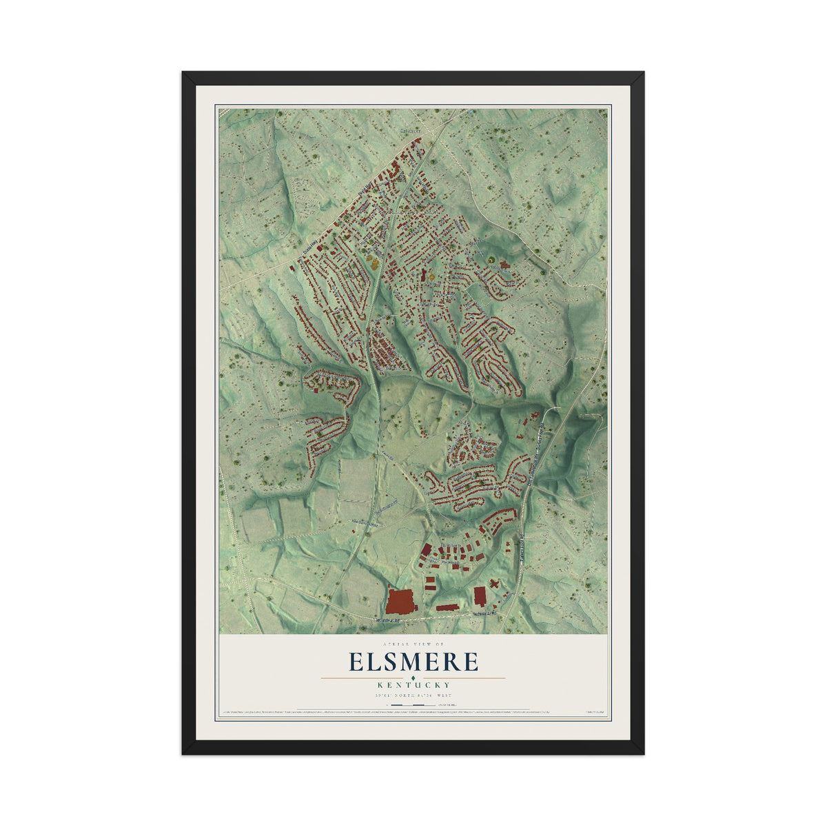 Map of Elsmere, Kentucky, 12 x 18 inch print in a black wood frame