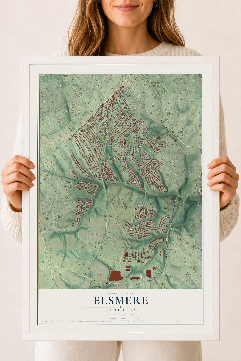 Map of Elsmere, Kentucky, 18 x 24 inch print in a white wood frame