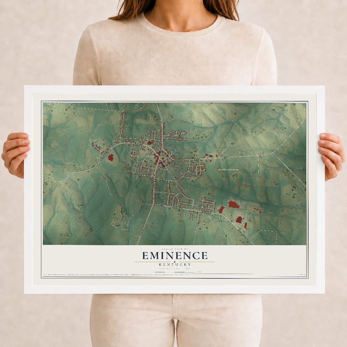 Map of Eminence, Kentucky, 12 x 18 inch print in a white wood frame