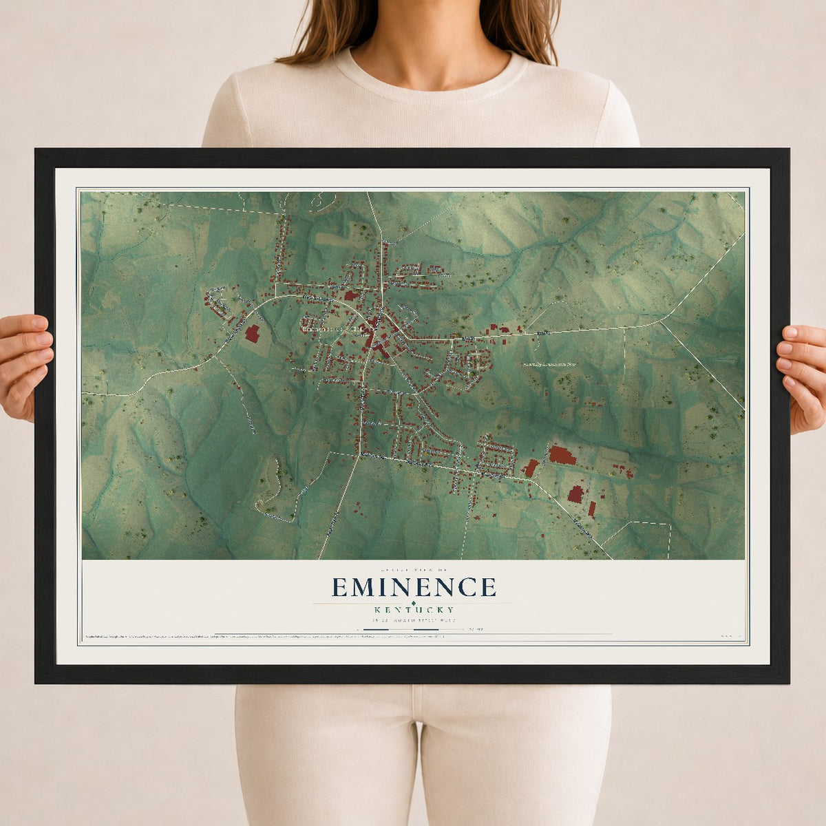 Map of Eminence, Kentucky, 18 x 24 inch print in a black wood frame