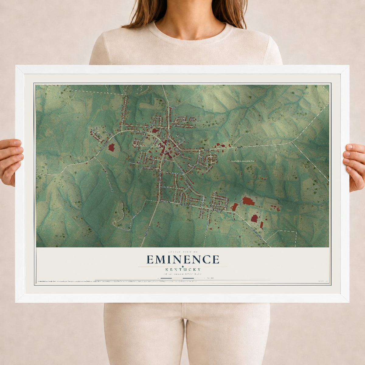 Map of Eminence, Kentucky, 18 x 24 inch print in a white wood frame