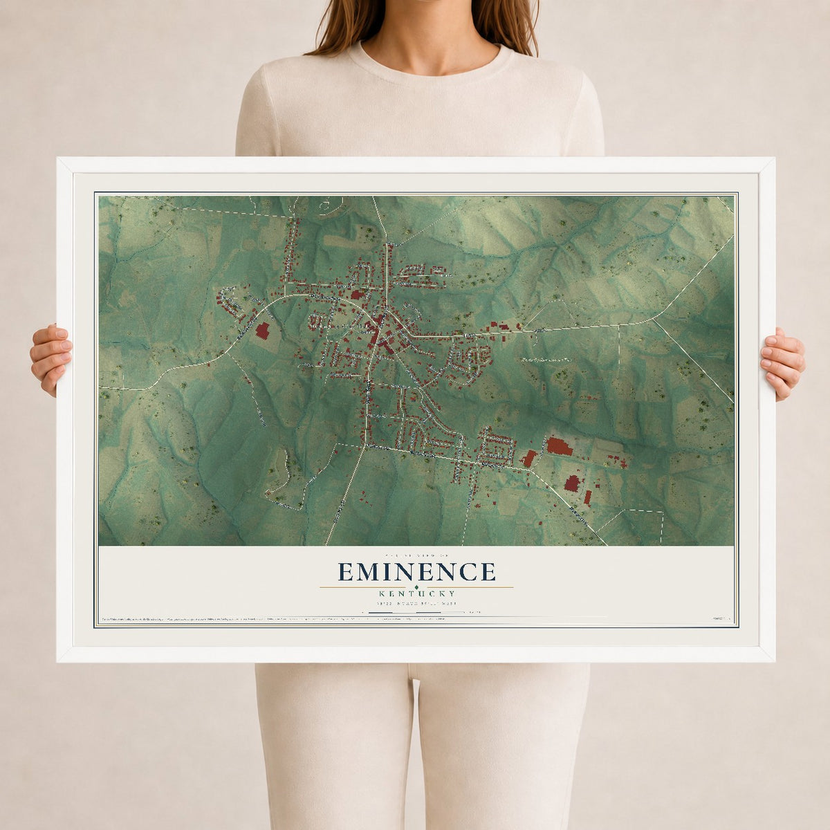 Map of Eminence, Kentucky, 24 x 36 inch print in a white wood frame
