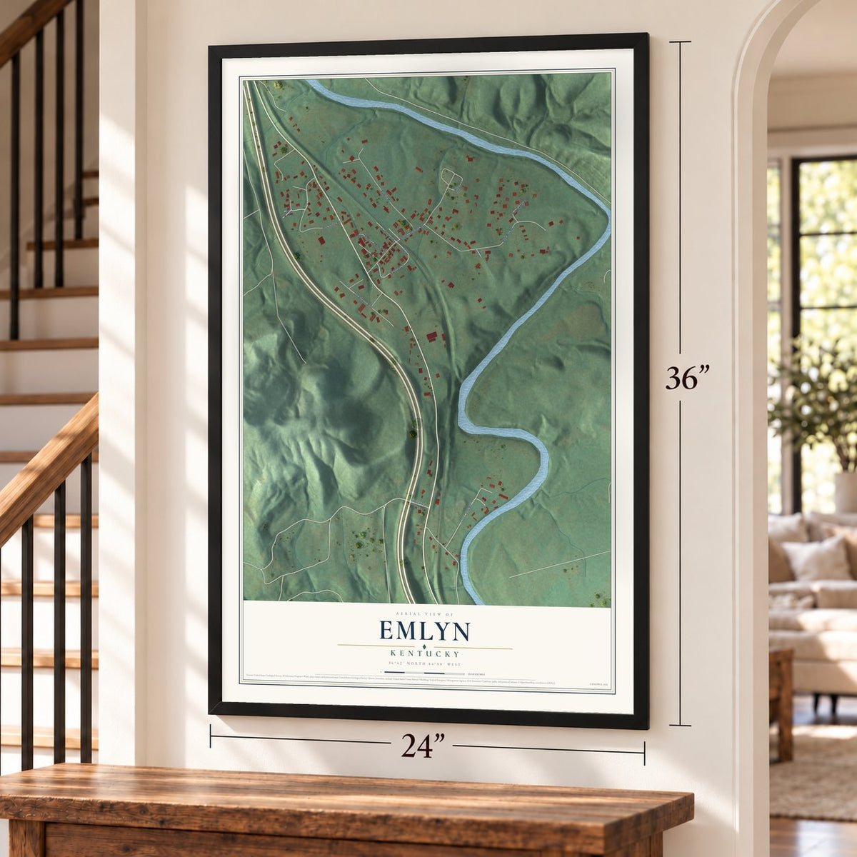 Emlyn, Kentucky map, 24 x 36 inch print in a black frame by a staircase