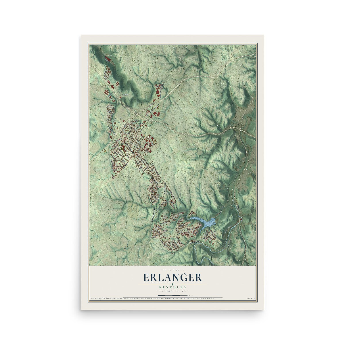 Map of Erlanger, Kentucky, 12 x 18 inch unframed archival matte print