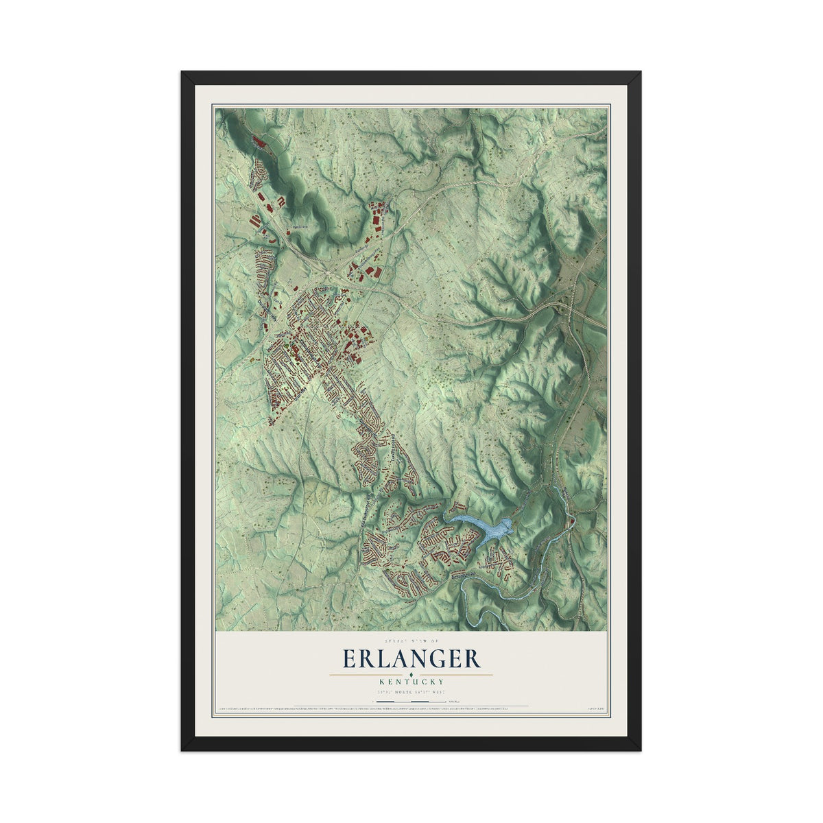 Map of Erlanger, Kentucky, 12 x 18 inch print in a black wood frame