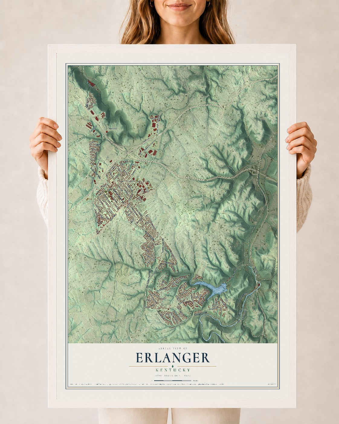 Map of Erlanger, Kentucky, 24 x 36 inch print in a white wood frame
