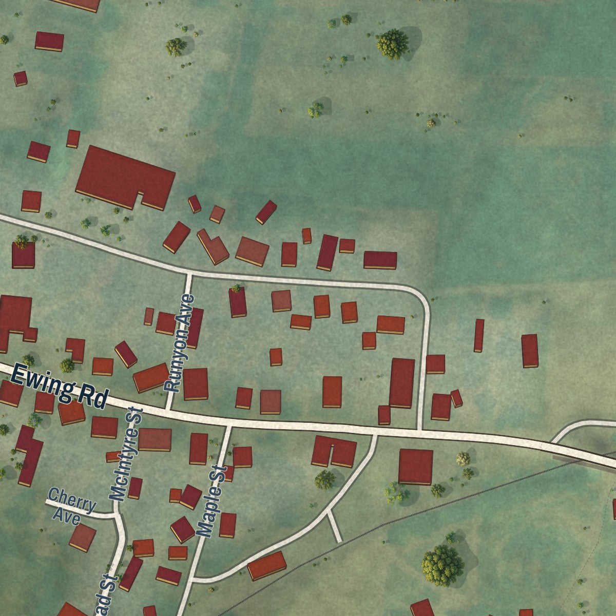 Close-up of the map of Ewing, Kentucky print showing street and building detail