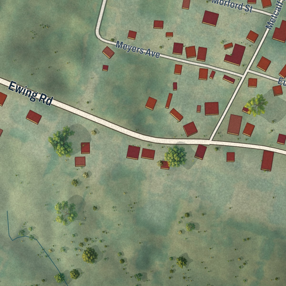 Second close-up of the map of Ewing, Kentucky print showing more streets and buildings