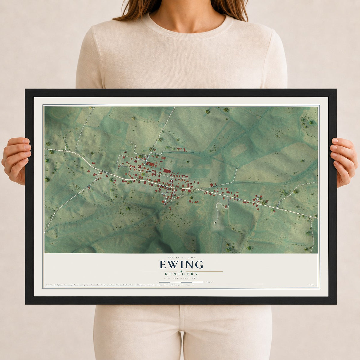 Map of Ewing, Kentucky, 12 x 18 inch print in a black wood frame