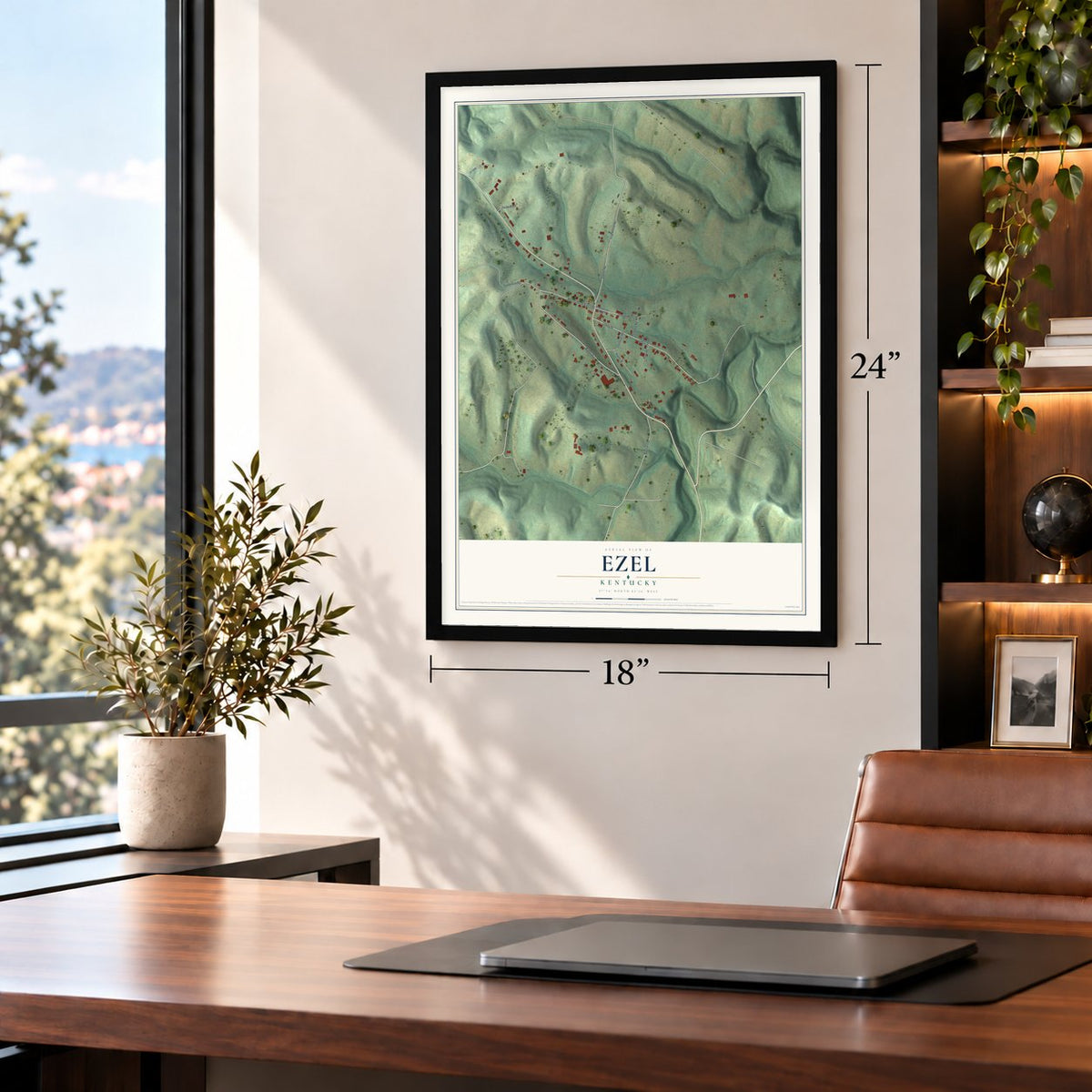 Ezel, Kentucky map, 18 x 24 inch print in a black frame in a home office
