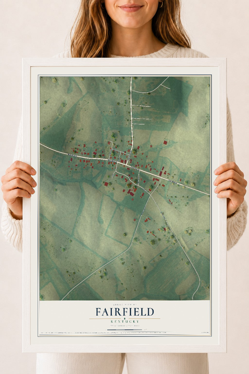 Map of Fairfield, Kentucky, 18 x 24 inch print in a white wood frame