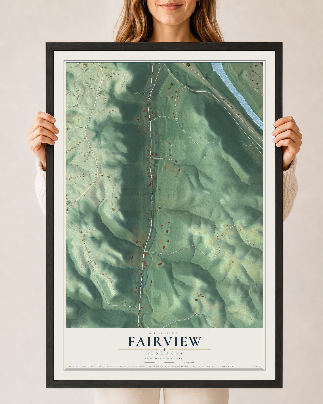 Map of Fairview, Kentucky, 24 x 36 inch print in a black wood frame