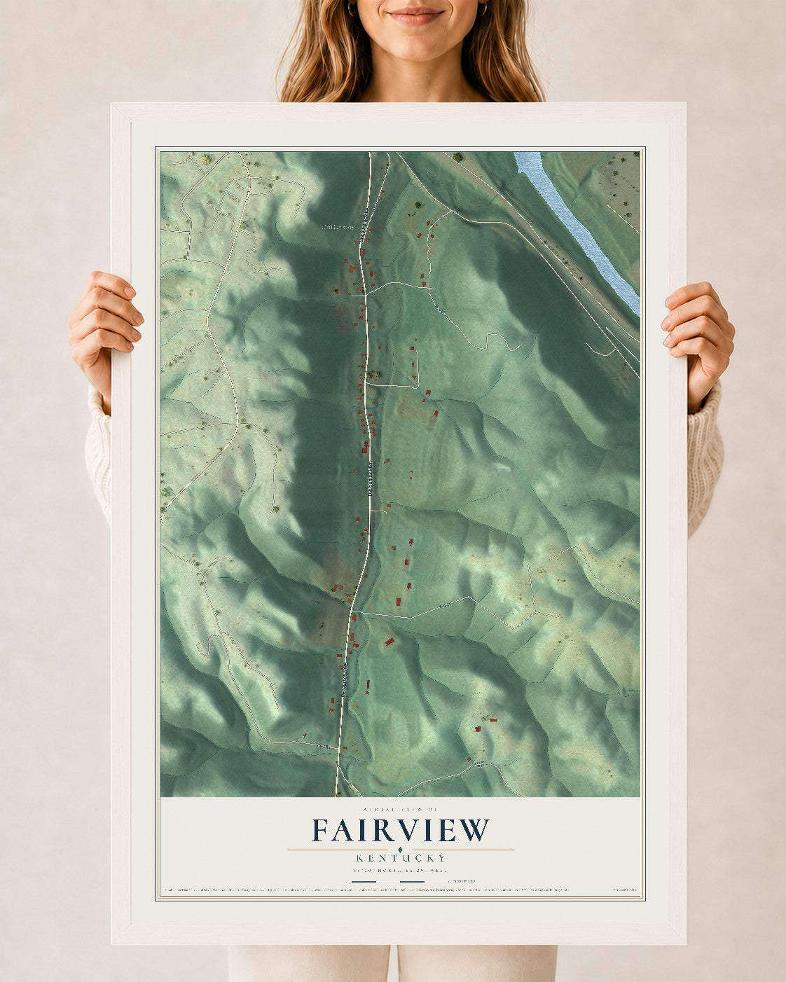 Map of Fairview, Kentucky, 24 x 36 inch print in a white wood frame