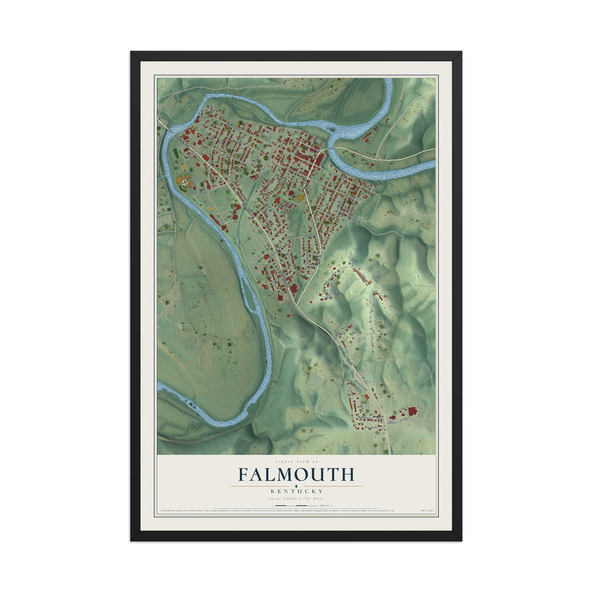 Map of Falmouth, Kentucky, 12 x 18 inch print in a black wood frame