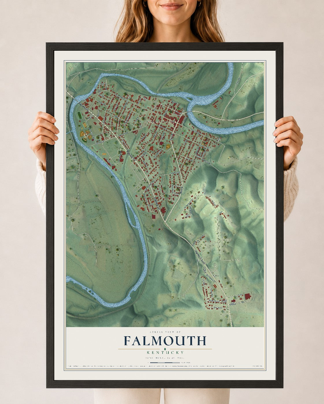Map of Falmouth, Kentucky, 24 x 36 inch print in a black wood frame