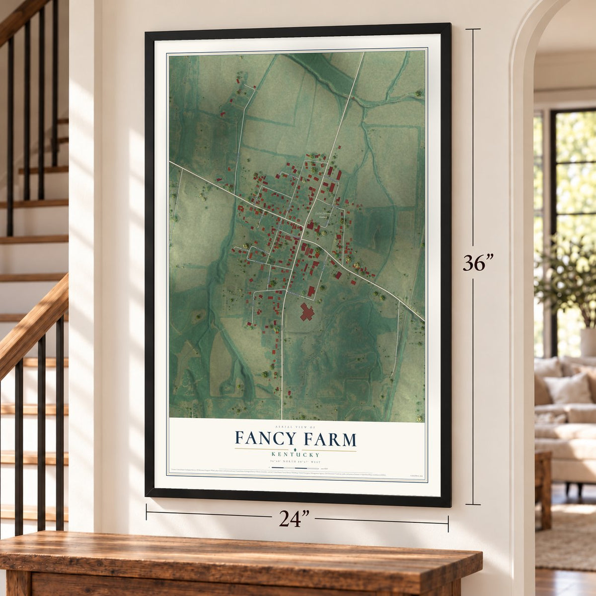 Fancy Farm, Kentucky map, 24 x 36 inch print in a black frame by a staircase