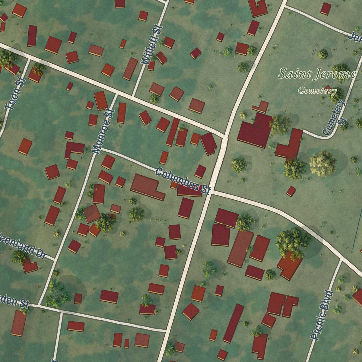 Close-up of the map of Fancy Farm, Kentucky print showing street and building detail