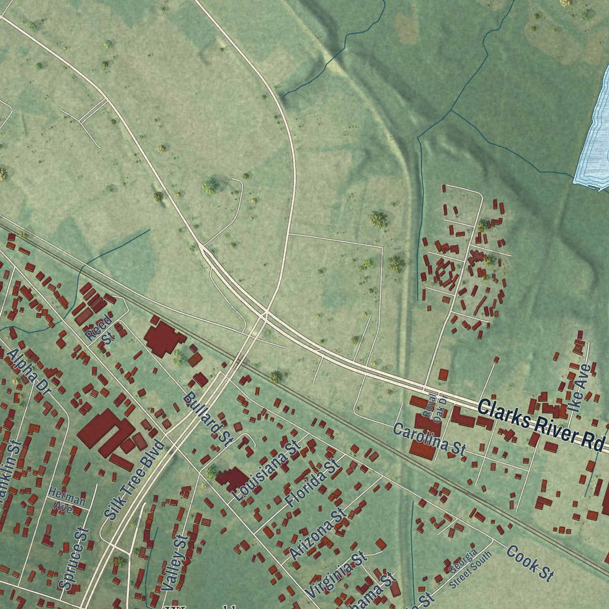 Close-up of the map of Farley, Kentucky print showing street and building detail