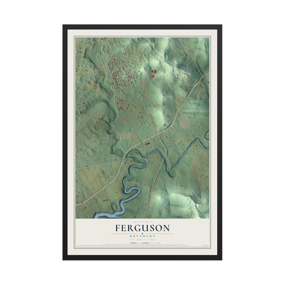 Map of Ferguson, Kentucky, 12 x 18 inch print in a black wood frame
