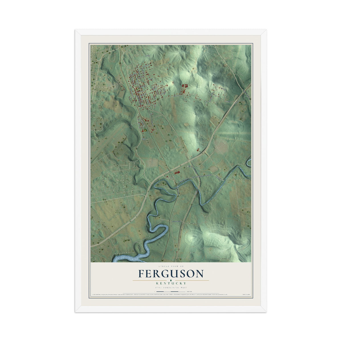 Map of Ferguson, Kentucky, 12 x 18 inch print in a white wood frame
